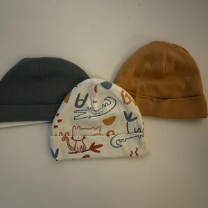 Set of Three Baby Beanie Hats- Patterned, Green, and yellow